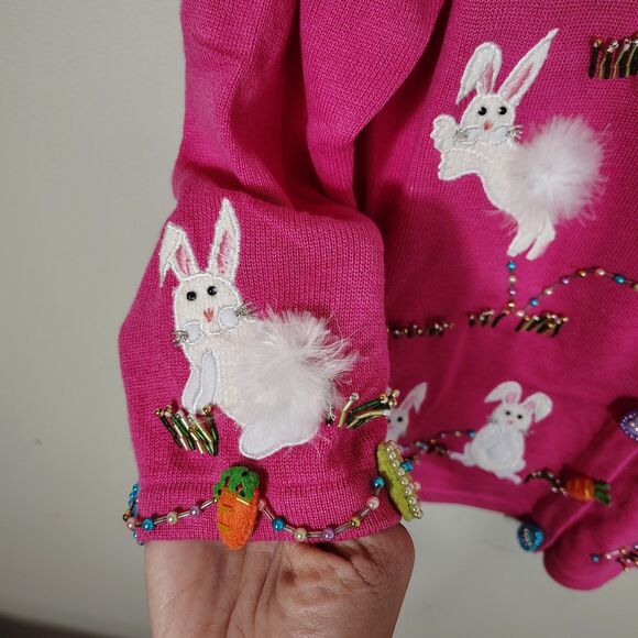 Vtg Jack B. Quick Bunny Rabbit Easter Eggs Cardigan Womens Bright Beaded Small P - Picture 2 of 9